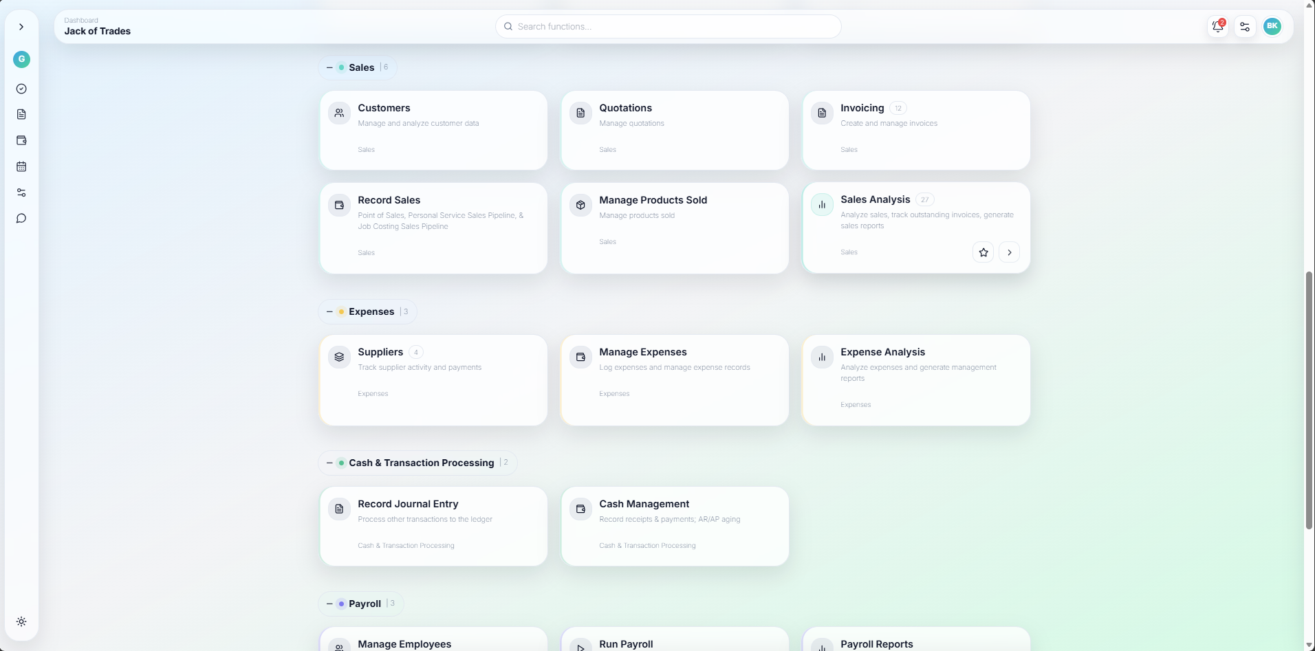 Grove dashboard showing recent activity, quick actions, sales, and expenses